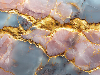 Luxurious abstract design featuring pink and blue marble with gold veins, creating elegant and sophisticated pattern. texture and colors evoke sense of opulence and style