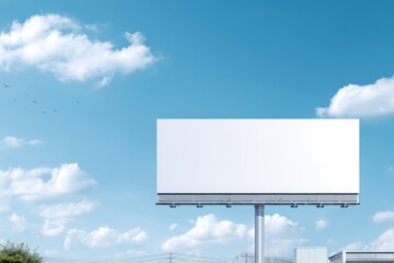 Fototapeta premium Empty billboard mock up against a clear blue sky with fluffy white clouds, showcasing ample copy space for advertising messages or promotional content in an outdoor urban environment