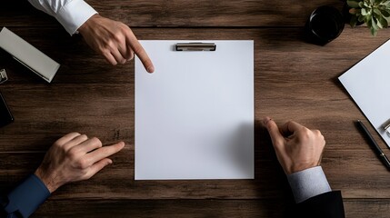 hands pointing at charts on a paper report during business meeting, table with office supplies, top-down view