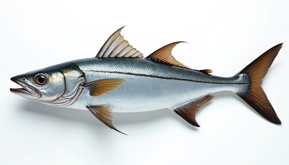 Fototapeta premium Realistic, full-body silver tarpon fish isolated on white. Fresh seafood ingredient for cooking. Ocean river animal with scales, head, tail and fins. Fishing, angling, sports and culinary themes.