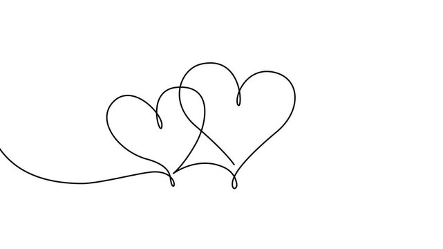 Self-drawing animation of two hearts. Continuous one line drawing style. Black lines on a white background.