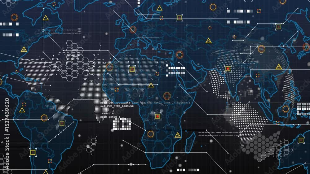 Poster code streaming starting dot globe fading map panning out icons popping showing data monitoring