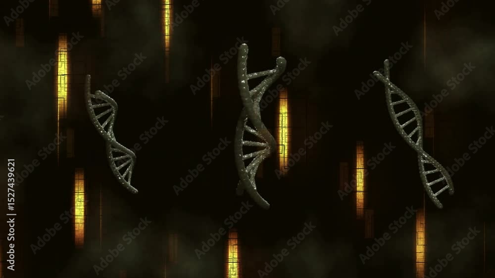 Poster on load three metallic-gray dna helices rotating and amber bars flickering for dna visualization