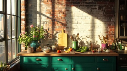 A Bright and Inviting Kitchen Scene Showcasing Fresh Ingredients, Colorful Vegetables, and Rustic Cookware in a Warm, Sunlit Atmosphere