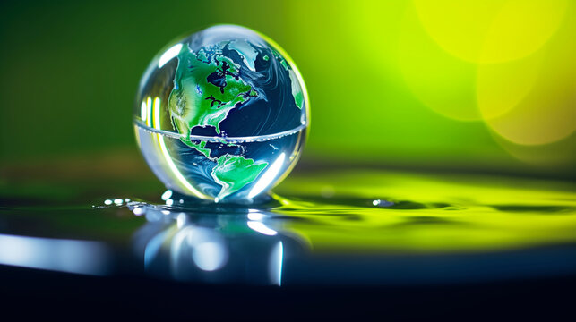 Earth Marble: An earth marble rests in a pool of water, reflecting a vivid green backdrop, symbolizing fragility and the importance of ecological balance. Water conservation