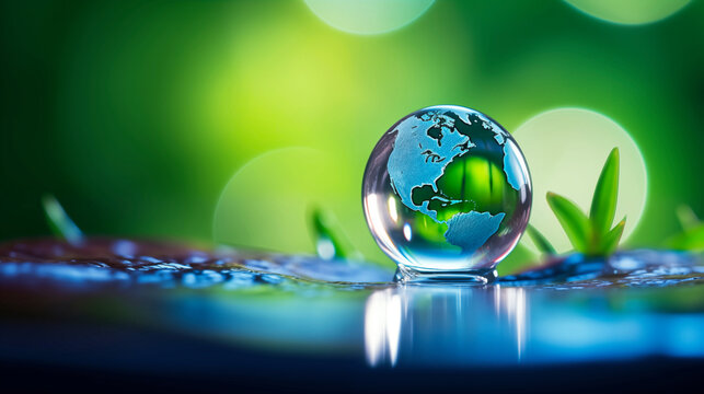 World's Reflection: A crystal sphere rests delicately in a pool of water, mirroring the vibrant earth, surrounded by lush greenery and emphasizing the importance of environmental stewardship.
