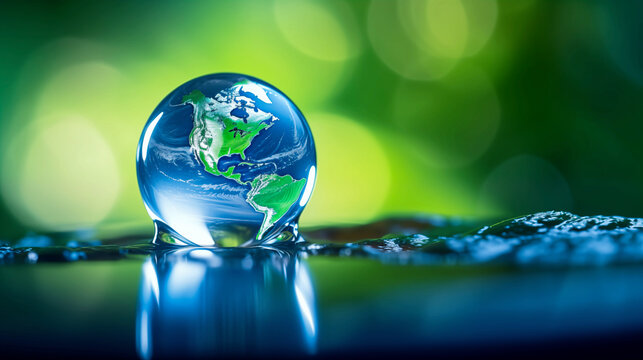 Water drop Earth: A captivating, close-up view of a pristine water droplet encapsulates a miniature reflection of the Earth, highlighting our planet's beauty and environmental significance.