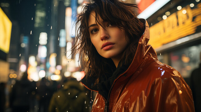 City Lights Reflection: A captivating young woman stands amidst the bustling cityscape during a rainstorm, her gaze reflecting the allure and energy of the urban night.