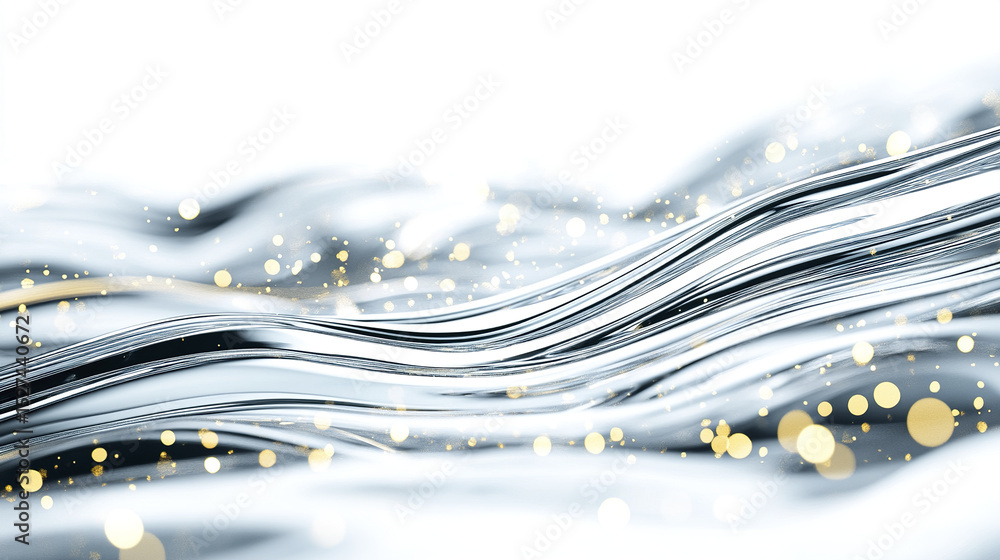 Poster flowing metallic waves with golden highlights create mesmerizing visual effect