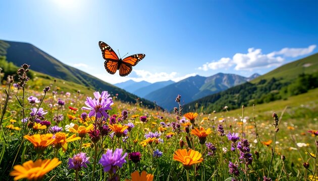Orange Butterfly over Wildflowers in Sunny Mountain Meadow