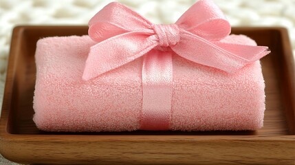 Elegant pink towel with satin ribbon bow, presented on a wooden tray for spa treat