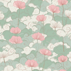 Obraz premium Oriental Lotus Pattern – Korean Traditional Floral and Cloud Motif