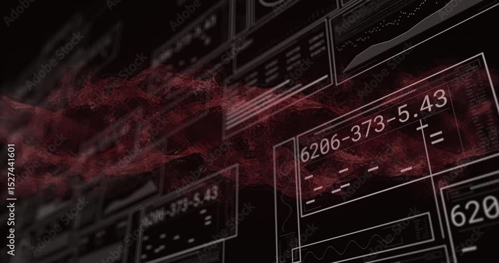 Poster drifting red particle mist weaving through 3d floating panels revealing live numeric data updates
