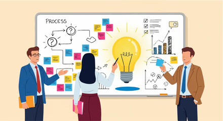 Creative Team Collaboration at Whiteboard with Colorful Sticky Notes and Light Bulb Concept