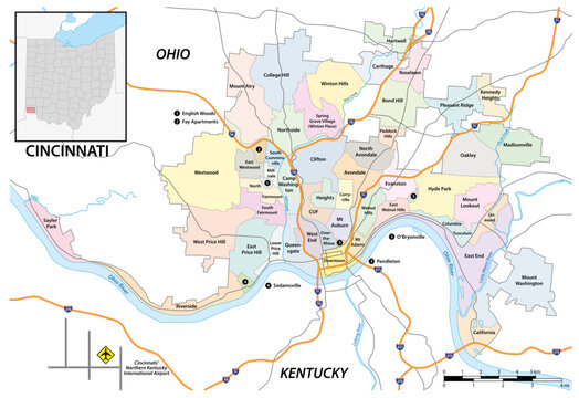 Road and neighborhood map of Cincinnati, Ohio, United States