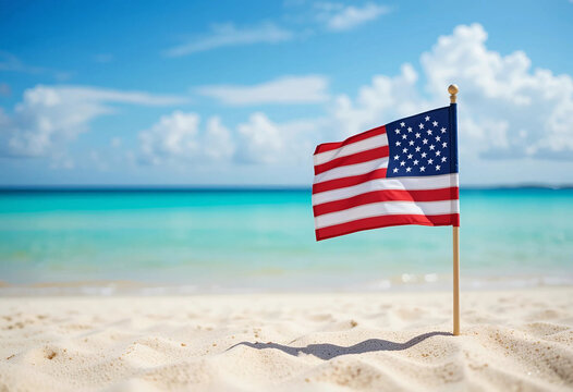 American flag on the beach side stand for happy veterans, 4th of july, independence day cover, wallpaper concept. - Powered by Adobe