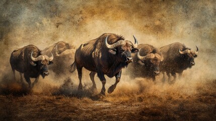 A herd of buffalo stampede through a dusty savanna
