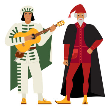 Men in Brigella costumes and Pantaloons depict Commedia dell'arte isolated on a white background. The main characters of the Italian folk comedy are drawn in a flat cartoon style. EPS 10.