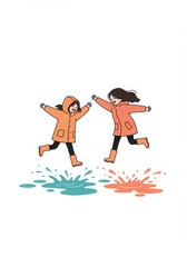 Two children jumping in puddles while wearing orange raincoats  