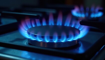 Intense blue gas flames ignite, illuminating a sleek metallic stove , kitchen, hob, clean