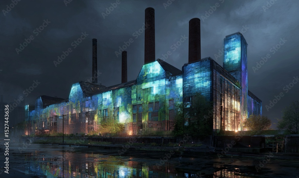 Poster light installation transforms an old factory into a vibrant canvas