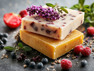 Two artisanal soap bars, one with embedded dried berries and other with golden hue, are stacked dark surface. They are adorned with fresh berries and sprig of lavender, creating natural