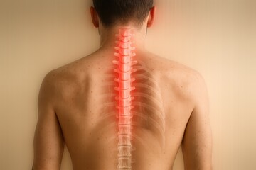 Anatomical visualization of human spine with red glow indicating pain or inflammation along the vertebrae in the upper and mid back.