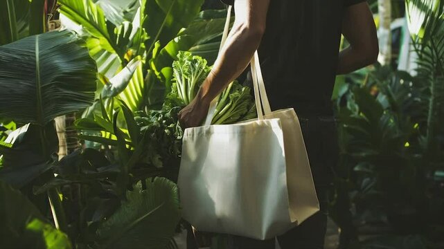 Person carrying fresh greens in a reusable tote bag amidst lush foliage