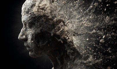 Sculpture of a human head breaking apart with natural elements