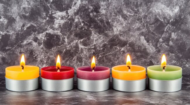 Five colorful tea light candles on a gray marble surface