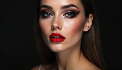 Fototapeta premium Glamorous female portrait with bold make-up on black background. Model wears bright red lips, stylish eyeliner. Beauty photo for fashion, cosmetic beauty industry projects. Elegance, sophistication,