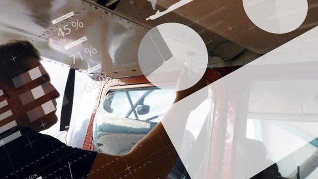 Aviation pilot removing vial cap under wing, sampling fuel with overlays showing contamination data