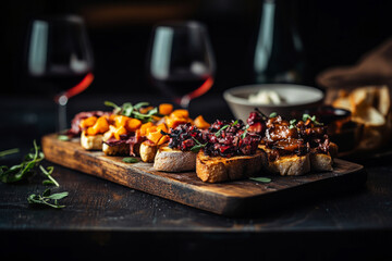 Delicious breakfast boards are displayed with grilled meats, roasted apricots, and artisan bread. A glass of white wine complements the meal, enhancing the morning experience