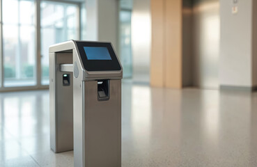 Modern biometric scanner turnstile at building entrance. Digital identification system for security and access control. Facial recognition, fingerprint scanner tech, identity verification concept.
