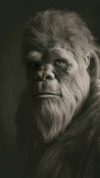 Mysterious furry primate portrait in monochrome with serious expression looking at camera in sepia tone against a shadowy background