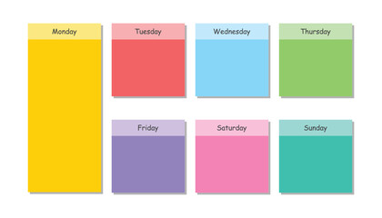 Weekly calendar colored stickers. paper sticky notes. schedule for kids. weekly time table. memo messages. notepads and torn paper sheets