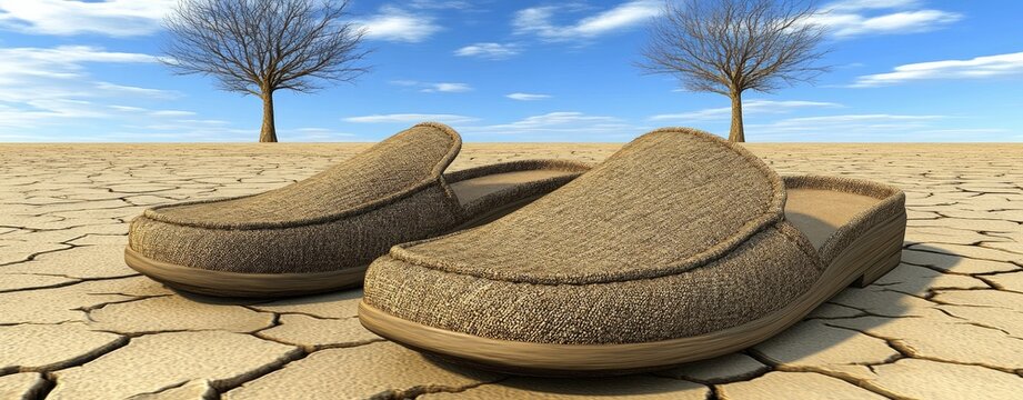 Two light brown slip-on shoes rest on a cracked, dry desert landscape beneath a pale blue sky with barren trees - Powered by Adobe