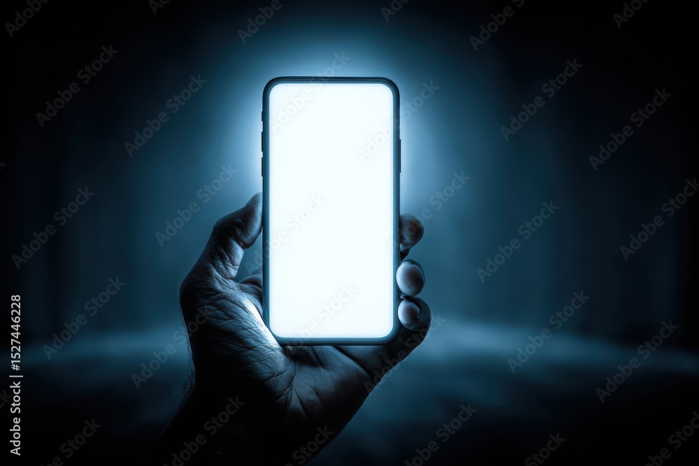 Poster person holding smartphone with blank screen in dark background creating mysterious atmosphere
