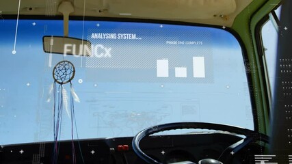 Digital grid appearing over windshield, HUD overlay analysing cabin data with shifting chart bars - Powered by Adobe