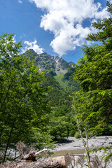 Azusa River and mountain view along Kamikochi trail, Japan
