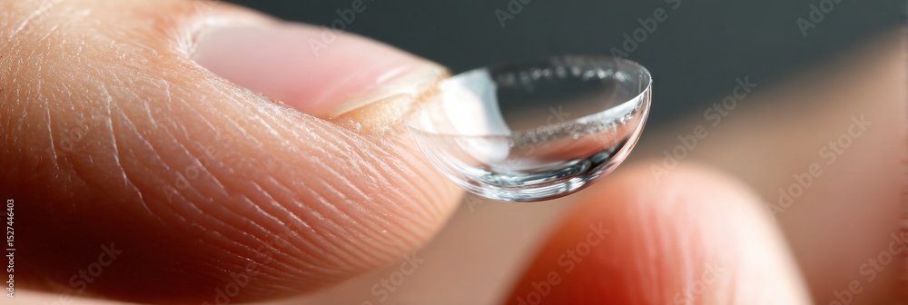 Poster floating transparent lens held delicately above a fingertip in clear lighting setting the focus on c