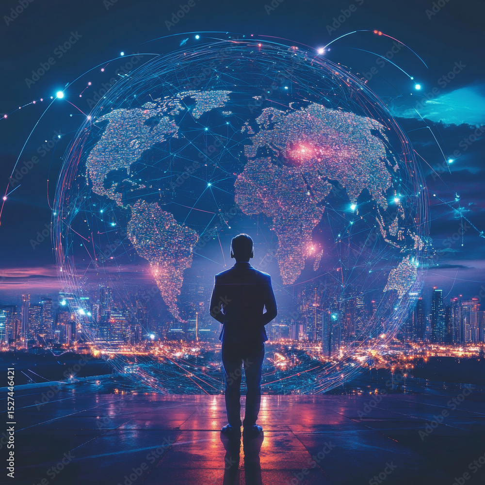 Poster hand man holding of global data-driven network connection, analyzing vast amounts of information, bi