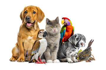 Adorable pets group posing together isolated on a white background