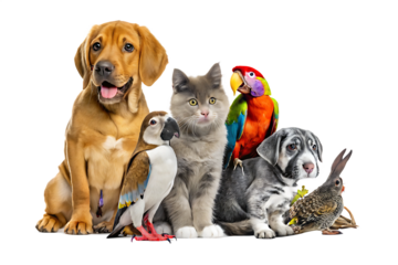 Adorable pets group posing together isolated on a white background