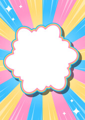 サンバーストとフレームの背景、集中線とキラキラのデコレーション、ポップなデザイン、雲型のフレーム