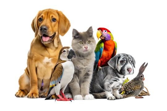 Adorable pets group posing together isolated on a white background