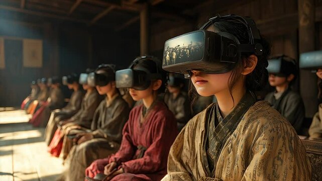 Women in period clothing use VR headsets