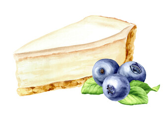 Sweet dessert, blueberry cheesecake. Hand drawn watercolor illustration, isolated on white background
