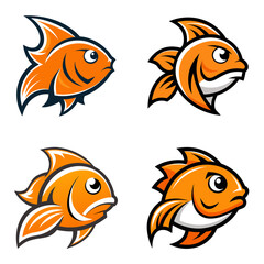 Fototapeta premium Four cartoon goldfish illustrations with different expressions and orange color on a white background