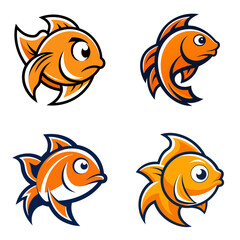 Fototapeta premium Collection of four cartoon goldfish illustrations with varying expressions and poses on a white background
